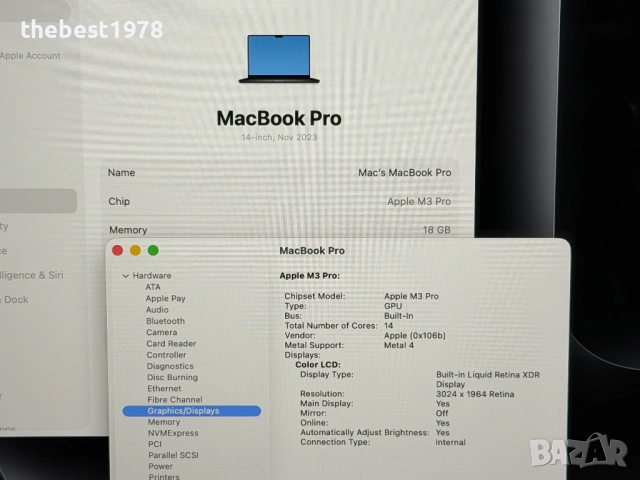 MacBook Pro 14`M3 Pro/11 CPU/14 GPU/18GB RAM/512GB SSD/Батерия 100%, снимка 6 - Лаптопи за работа - 54754753
