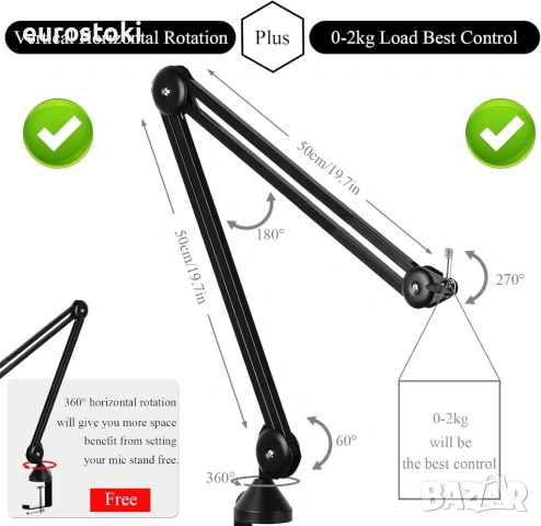  LANUCN Boom Arm pro - 3/8 5/8 Стабилна висококачествена метална стойка с рамо за микрофон, снимка 5 - Микрофони - 54741798