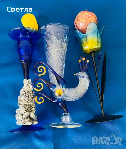 Муранско стъкло 3 броя за обща цена € 140. Винтидж ваза/паун и 2 бр. свещници, закупени от Венеция., снимка 2 - Декорация за дома - 54173164