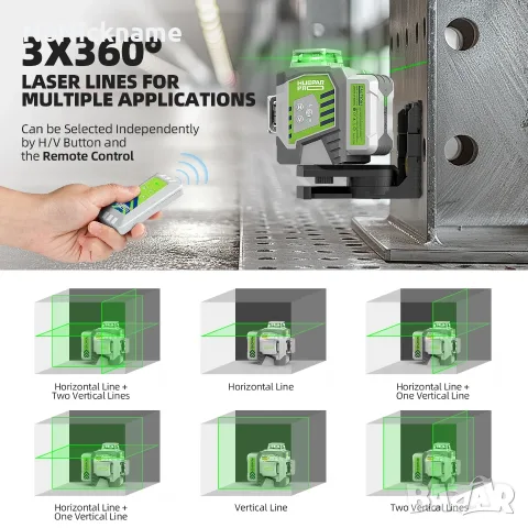 360° Huepar ZK03CG-L лазерен нивелир зелен с 12 кръстосани линии нивел лазер импулсен режим, снимка 4 - Измервателни инструменти - 55663261