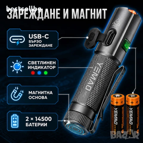 Мощен ръчен фенер 1500 лумена за къмпинг лов риболов туризъм палатка USB-C магнит YEMAO M52, снимка 2 - Къмпинг осветление - 54109837