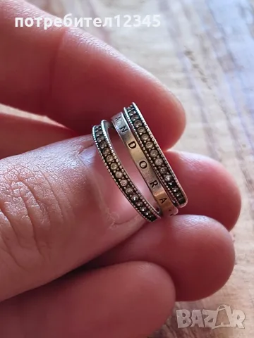 Оригинален сребърен пръстен Pandora Signature Logo Pavé & Beads – размер 50, снимка 8 - Пръстени - 55603096