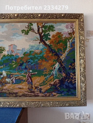 Стар гоблен в барокова дървена рамка, ръчна изработка., снимка 5 - Картини - 55429496