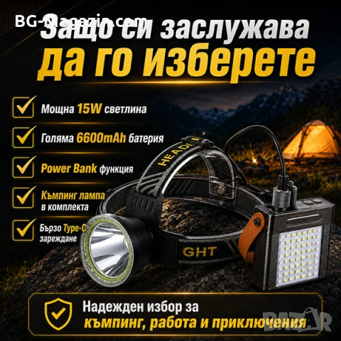 Професионален мощен челник за глава и къмпинг лампа с Power Bank за риболов къмпинг туризъм палатка, снимка 4 - Къмпинг осветление - 50938308