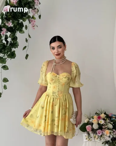- 40 % Кукленска шифонена рокля на цветя , цвят жълт, снимка 10 - Рокли - 55581064