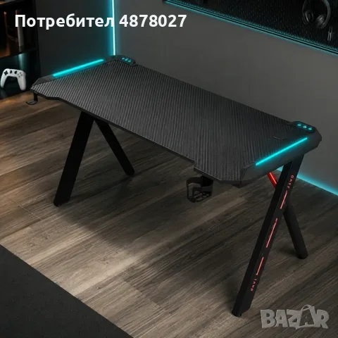 Геймърско бюро 120 см, черно - С поставка за чаша и слушалки, X-образни крака и LED светлини, снимка 6 - Бюра - 55630525