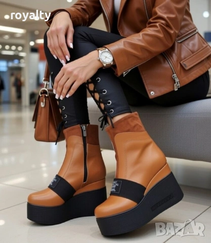 Боти на платформа - кафява кожа
