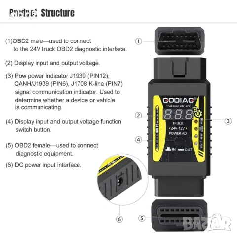 GODIAG OBD2 Heavy Duty адаптер за камиони от 24V към 12V, снимка 4 - Аксесоари и консумативи - 55008565