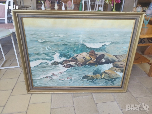 Мащабен морски пейзаж (100х78 см) – Масло, снимка 3 - Други ценни предмети - 54534662