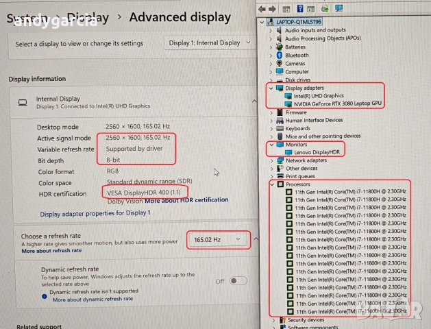NVIDIA RTX 3080 16GB GDDR6/Intel Core i7-11800H/16GB RAM/1TB SSD/16 WQXGA 165Hz IPS/Lenovo Legion 7, снимка 14 - Лаптопи за игри - 54236623