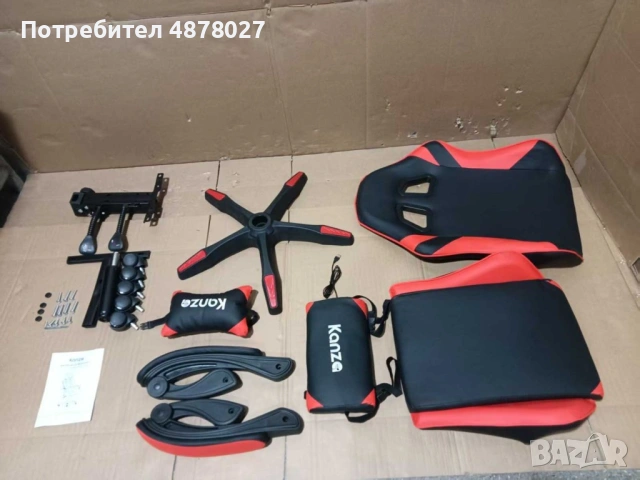Удобен геймърски стол с поставка за крака и масажна лумбална възглавница, Черно-червен, снимка 7 - Столове - 55249073