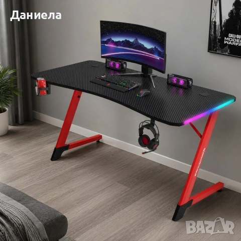Геймърско бюро с RGB LED подсветка, карбонов плот и стоманена Z-конструкция, 120 см, черно/червено