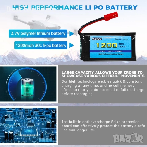 Комплект от 5 броя 3.7V 1200mAh 30C Lipo батерии със зарядно устройство 5 в 1 JST щепсел за дрон , снимка 5 - Друга електроника - 54901313