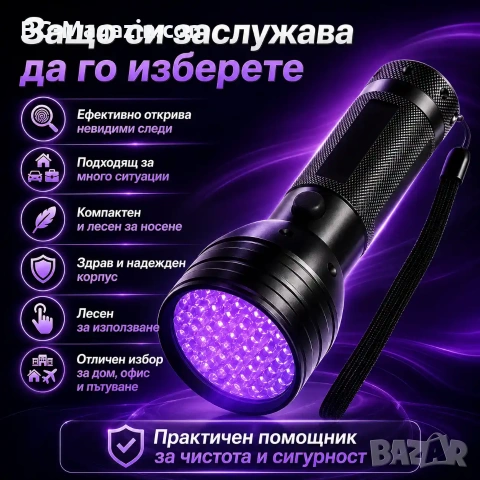 Мощен UV фенер LED ултравиолетова светлина ув фенерче за камък смола кръв урина професионален, снимка 5 - Къмпинг осветление - 51027854