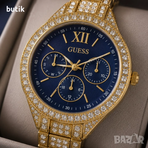 💙 Дамски часовник Guess стил със син циферблат и кристали