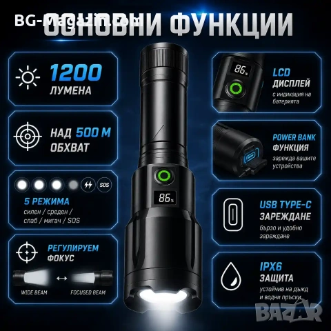 Мощен акумулаторен далекобоен лазерен прожектор LED фенер USB тактически водоустойчив лов риболов, снимка 2 - Къмпинг осветление - 51017230