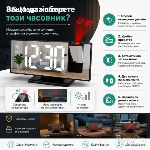 Електронен настолен часовник с проектор таван LED дигитален термометър аларма будилник USB на ток, снимка 2 - Други - 51039079