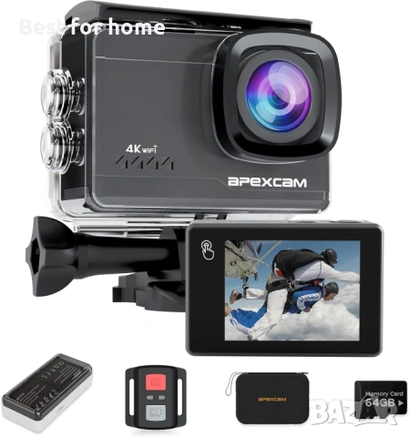 Apexcam M90 Екшън камера с 64GB карта, 4K, 60FPS, 64MP WiFi, EIS стабилизация на изображението