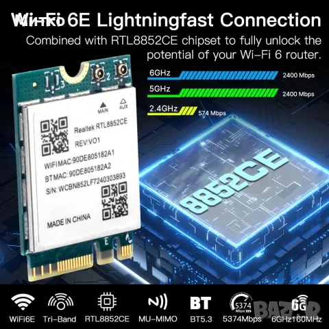 RTL8852CE Triple Band WiFi 6E Bluetooth 5.3 M.2 2230 NGW, снимка 2 - Други - 55323762