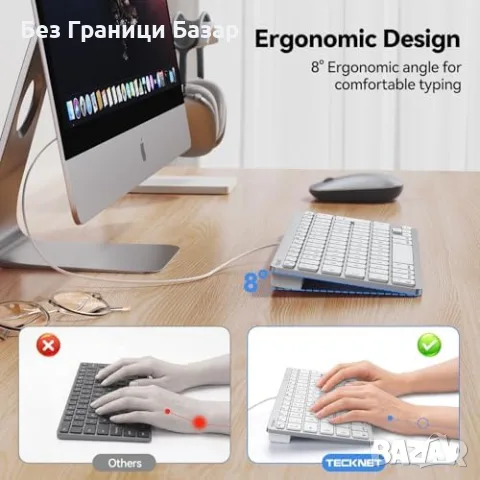 Нова TECKNET жична клавиатура за лаптоп Mac USB-C USB-A тиха компактна ергономична, снимка 3 - Клавиатури и мишки - 55646915