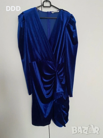 Рокля кадифе в турско синьо, снимка 4 - Рокли - 54245591