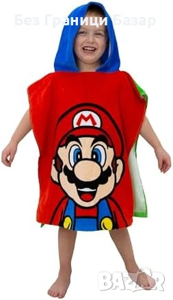 Нова Детска кърпа пончо с качулка Super Mario за плаж и баня 55x50 см анимационен герой, снимка 2 - Други - 54108017