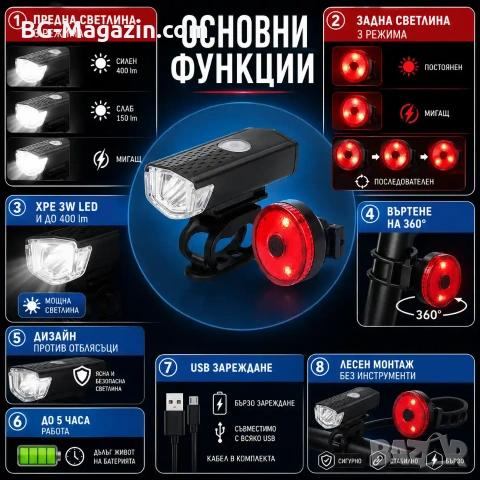Комплект акумулаторни LED предни и задни светлини велосипед лед фар и стоп за колело USB зареждане, снимка 2 - Аксесоари за велосипеди - 50963101