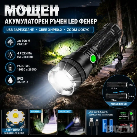 Мощен акумулаторен ръчен лед фенер водоустойчив USB зареждане LED CREE за лов риболов туризъм