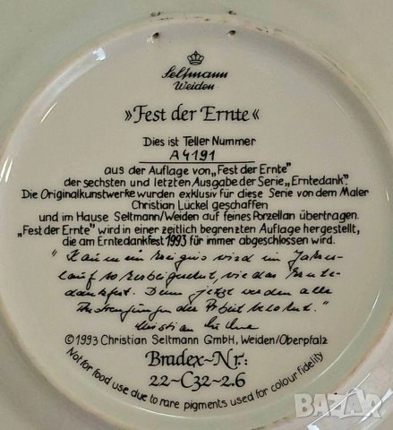 Комплект от 6 лимитирани немски порцеланови чинии Seltmann Weiden, серия "Erntedank"., снимка 9 - Чинии - 54646052