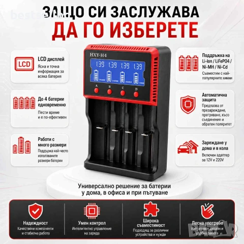 Универсално зарядно устройство за 4 бр акумулаторни батерии  18650 14500 26650 16340 ААА АА Li-Ion, снимка 5 - Други инструменти - 29155071