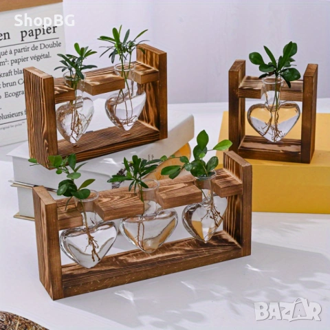 Стъклена ваза за хидропоника на дървена стойка „Heart Glass Vase“, снимка 2 - Други - 54820920