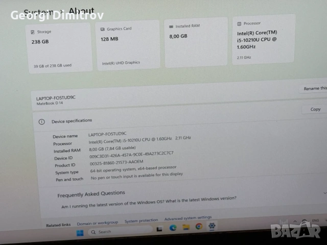 huawei matebook D14 Core i5-10210U/8RAM/256SSD/Full HD, снимка 4 - Лаптопи за дома - 54984253