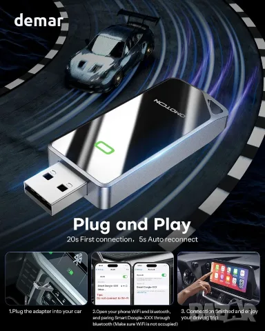 OMOTON CarPlay адаптер за iPhone – Wired към Wireless, Plug & Play, снимка 9 - Аксесоари и консумативи - 55663435