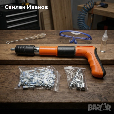 Професионален пистолет за забиване на пирони + 50 броя пирона, снимка 3 - Куфари с инструменти - 54353726