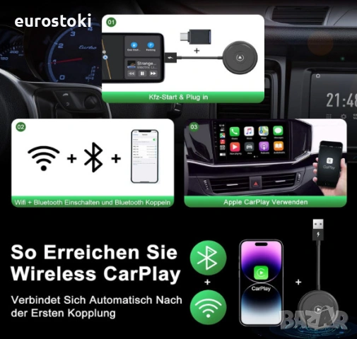 Безжичен CarPlay адаптер за iPhone, безжичен Apple Carplay, снимка 6 - Аксесоари и консумативи - 54495084