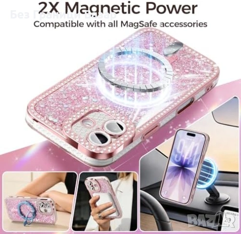 Нов Калъф за iPhone 17 MagSafe розов блестящ с кристали и каишка, защитен кейс Айфон , снимка 4 - Калъфи, кейсове - 54723966