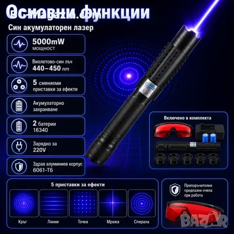 Мощен акумулаторен син лазер 5000mW пойнтер с приставки и предпазни очила пали гори пука балон, снимка 2 - Друга електроника - 51040645