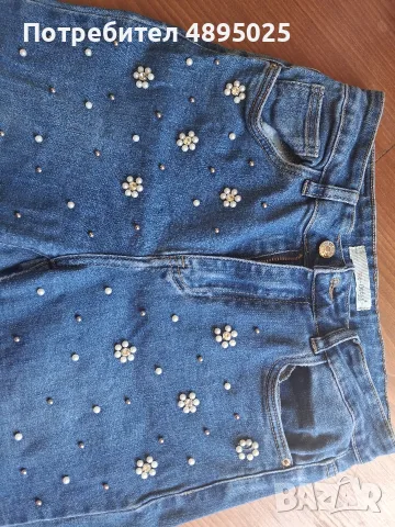​Дамски сини дънки Re-Dress с перлени цветчета и кристали, висока талия , снимка 6 - Дънки - 55391524