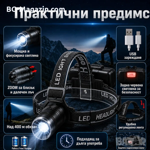 Акумулаторен мощен LED фенер челник за глава далекобоен тактически къмпинг лов риболов каска палатка, снимка 6 - Къмпинг осветление - 50938549