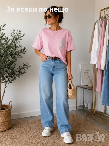 Стилна Дамска Тениска С Блестящ Джоб И Свободна Кройка👕Дамска Блуза С Къс Ръкав - 4 Цвята Код A1639, снимка 3 - Тениски - 55367621