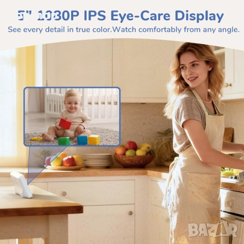 Чисто нов Видео бебефон 1080P Full HD jeeber VB619 – Голям 5" IPS дисплей, без Wi-Fi , снимка 4 - Бебефони - 54619826