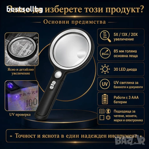 Мощна голяма увеличителна ръчна лупа с лед и ув осветление за четене, снимка 4 - Други инструменти - 42365080