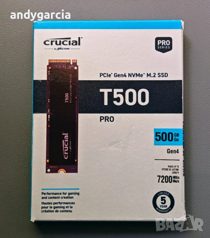  500GB Crucial T500 Gen4 PCIe NVMe SSD скрост четене/запис 7200 и 5700 mb/sec ЧИСТО НОВ ДИСК disk , снимка 3 - Твърди дискове - 54627068