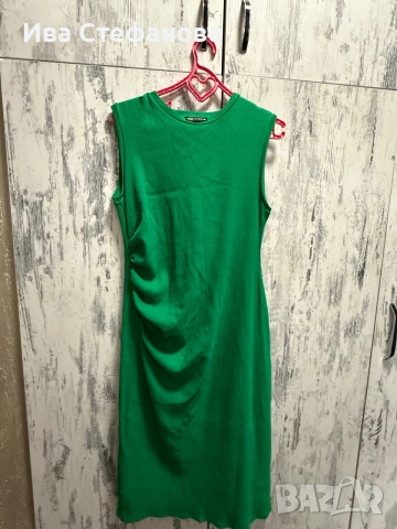 Елегантна дълга зелена 💚 миди дължина рокля Zara zara набрана в талията памук памучна рипс рипсена , снимка 5 - Рокли - 55125123
