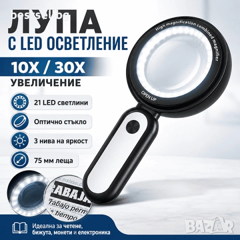 Мощба ръчна лупа 10X и 30X с 21 LED светлини за четене бижута монети и електроника, снимка 5 - Други инструменти - 24207829