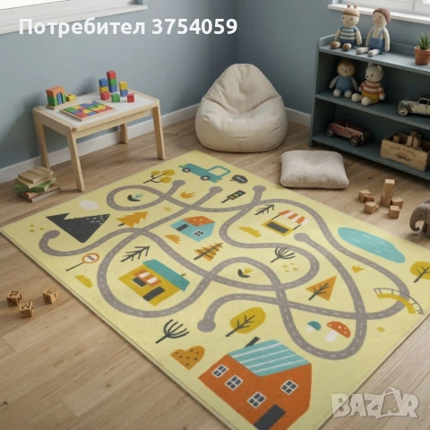 Детски килим за игра 120х160см - Светложълт килим с цветни къщички, противоплъзгащ и миещ се, снимка 3 - Килими - 55162514