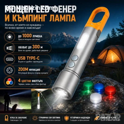 Мощен LED фенер къмпинг преносима лампа USB зареждане за риболов палатка туризъм аварии автомобил