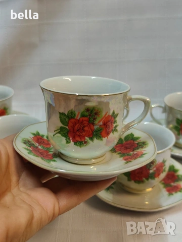 Луксозен фин висококачествен костен сервиз за кафе/чай SAPIR German Style със седефено покритие, снимка 4 - Антикварни и старинни предмети - 55152063