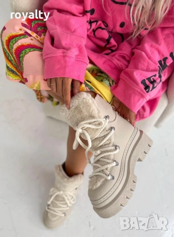 Боти на платформа - бежова кожа с бежов пух, снимка 2 - Дамски боти - 54160217