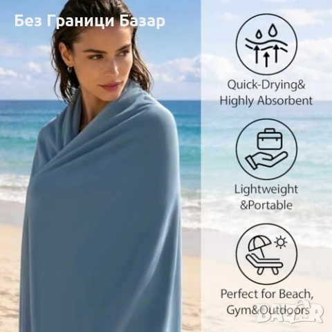 Бързосъхнеща Микрофибърна Кърпа За Фитнес Плуване Бягане Плаж 40x80см Синя, снимка 2 - Хавлиени кърпи - 54810989